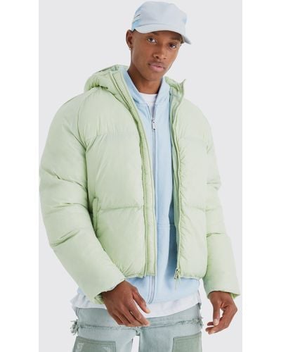 BoohooMAN Sheen Quilted Nylon Puffer With Hood - Green