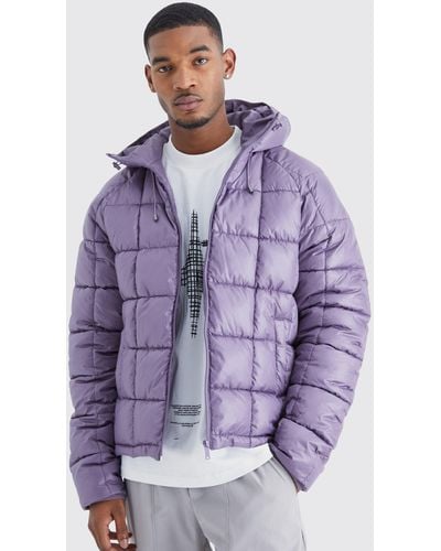 BoohooMAN Tall Boxy Square Quilted Puffer With Hood - Purple
