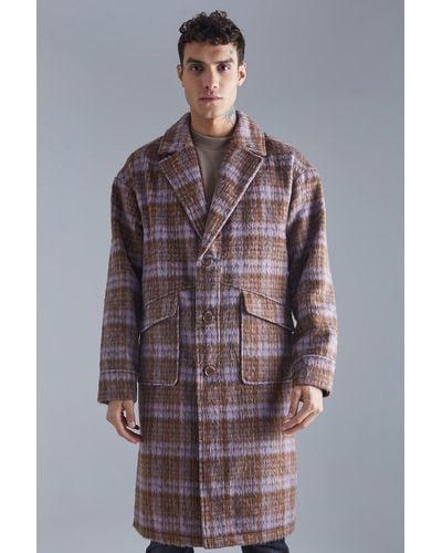 BoohooMAN Single Breasted Brushed Check Overcoat - Brown