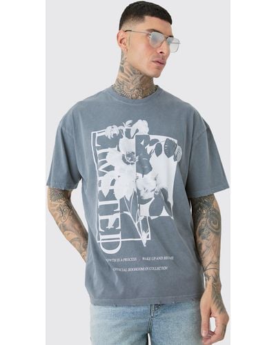 BoohooMAN Tall Distressed Oversized Overdye Floral Graphic T-shirt - Blau