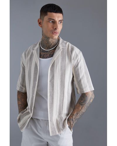 BoohooMAN Dropped Revere Linen Look Stripe Shirt - Gray