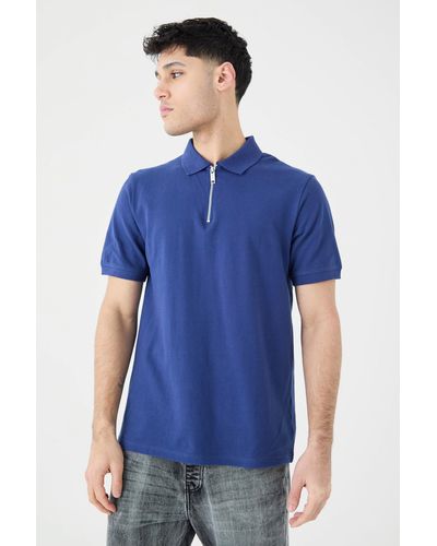 Boohoo Slim 1/4 Zip Pique Polo - Blue