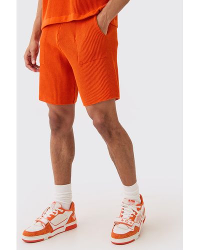 BoohooMAN Relaxed Mid Length Ribbed Knit Short - Orange