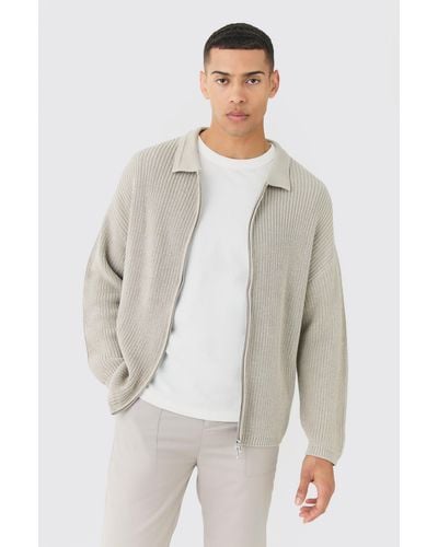 BoohooMAN Regular Fit Dual Zip Through Fisherman Knit Sweater - White
