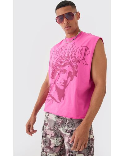BoohooMAN Oversized Boxy Raw Hem Renaissance Official Printed vest - Pink