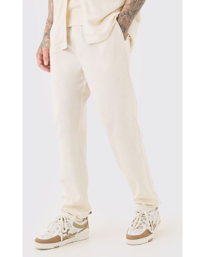 BoohooMAN Tall Elasticated Waist Tapered Linen Trousers In Natural - White