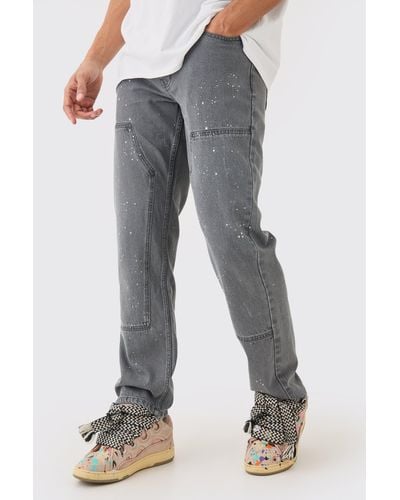 BoohooMAN Relaxed Rigid Carpenter Paint Splatter Overdyed Jeans - Gray
