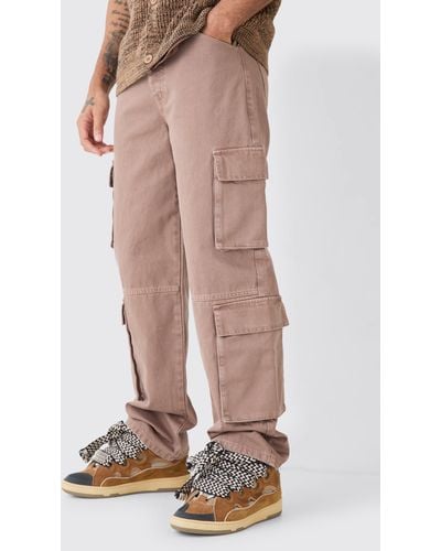 BoohooMAN Baggy Rigid Overdyed Multi Cargo Jeans - Pink