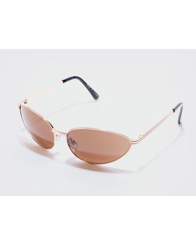 BoohooMAN Angled Metal Sunglasses With Brown Lens In Gold - White
