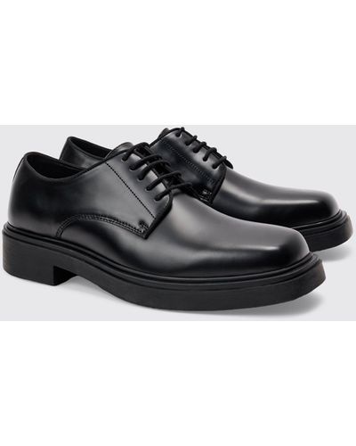 BoohooMAN Pu Square Toe Lace Up Loafer In Black