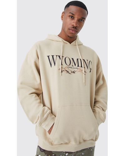 BoohooMAN Oversized Wyoming Mountain Graphic Hoodie - Natural