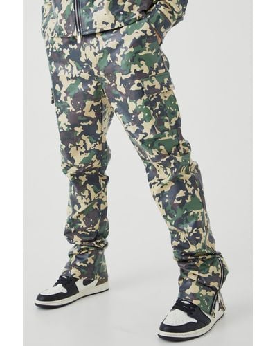 BoohooMAN Pu Straight Leg Fixed Waist Stacked Camouflage Cargo Trouser - Blue