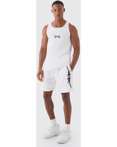 BoohooMAN Muscle Fit Graphic Official Tank & Shorts Set - White