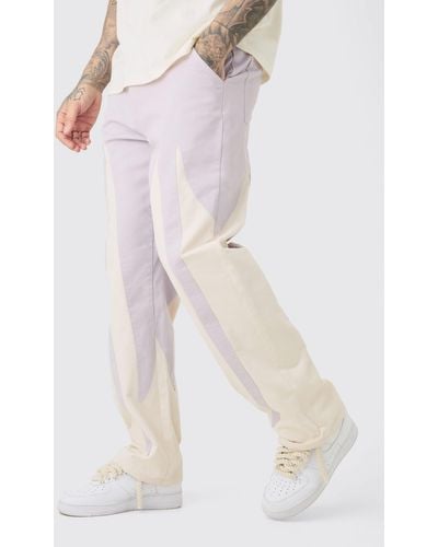 BoohooMAN Tall Fixed Waist Washed Colour Block Twill Trouser - White