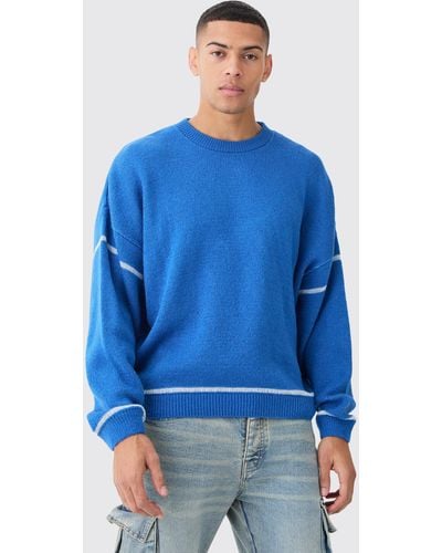 BoohooMAN Kastiger Oversize Pullover mit Kontrast-Naht - Blau