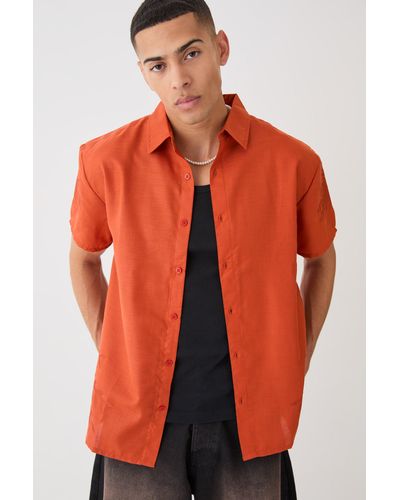 BoohooMAN Oversized Linen Look Embroidered Hem Shirt - Orange