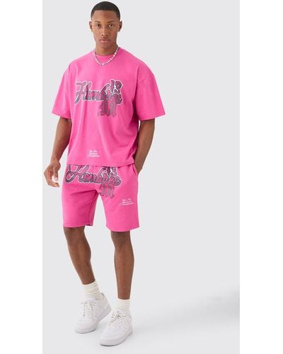 BoohooMAN Oversized Boxy Print T-shirt And Short Set - Pink