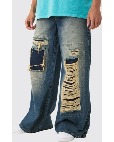 BoohooMAN Baggy Rigid Extreme Ripped Denim Jean In Antique Blue
