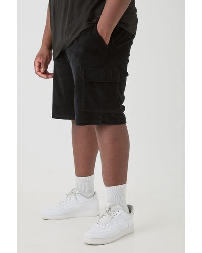 Boohoo Plus Elasticated Waist Velour Cargo Shorts - Black
