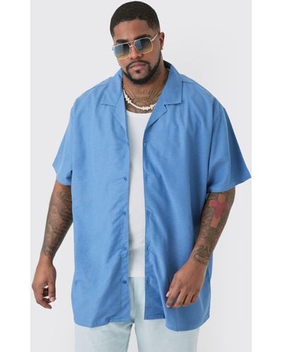 BoohooMAN Plus Linen Oversized Revere Shirt In Blue