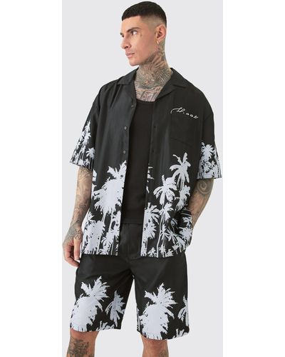 BoohooMAN Tall Soft Twill Palm Hem Oversized Boxy Shirt & Short - Black