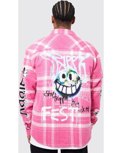 BoohooMAN Oversized Trippy Printed Check Shirt - Pink