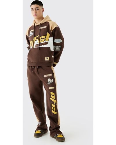 BoohooMAN Oversized Boxy Applique Moto Hooded Tracksuit - Brown