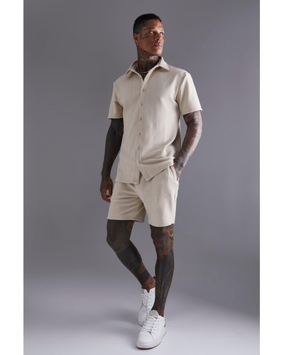 BoohooMAN Short Sleeve Jersey Herringbone Shirt And Short Set - Grey