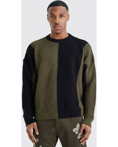 BoohooMAN Oversized Pleated Color Block Sweater - Black