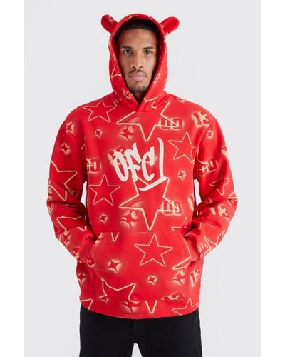 BoohooMAN Tall Oversized All Over Graffiti Eat Hoodie - Red