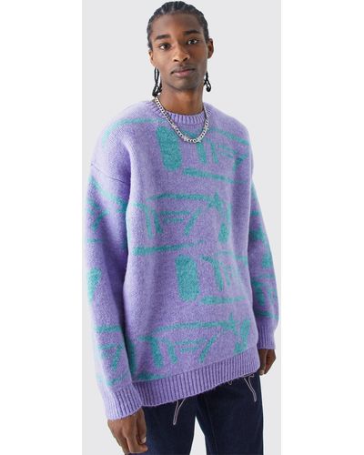 BoohooMAN Oversized Brushed All Over Print Knit Sweater - Blue