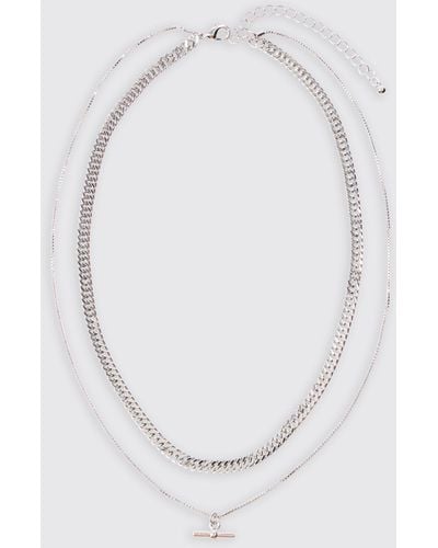 BoohooMAN Double Chain T Bar Necklace In Silver - White