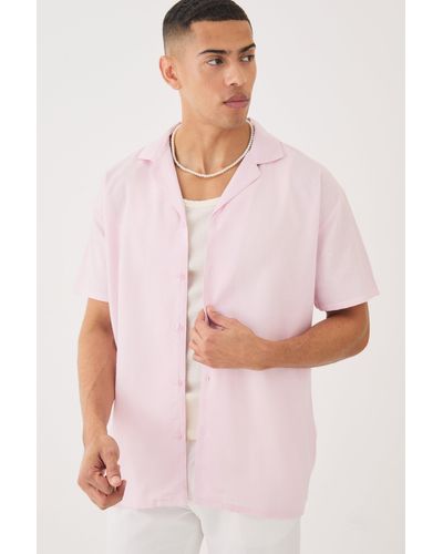 BoohooMAN Short Sleeve Revere Oversized Linen Shirt - Pink