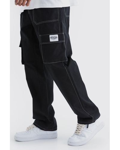 BoohooMAN Relaxed Contrast Stitch Cargo Trouser With Woven Tab - Black