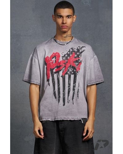 BoohooMAN Oversized Acid Wash T-shirt With Graphic Print - Gray