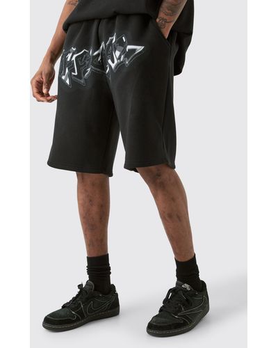 BoohooMAN Tall Relaxed Official Graffiti Spray Shorts - Black