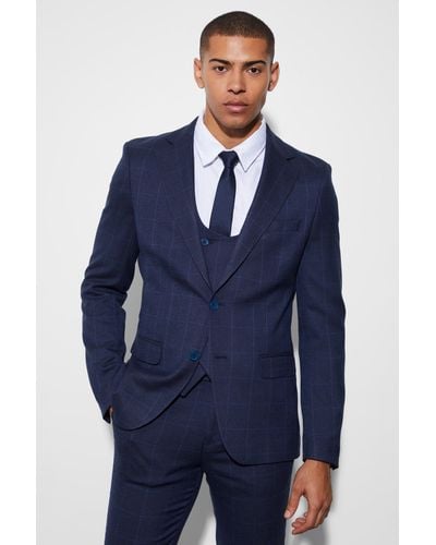 Boohoo Slim Single Breasted Windowpane Suit Jacket - Blue