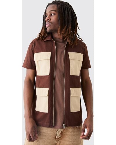 BoohooMAN Short Sleeve Contrast Pocket Twill Shirt - Braun