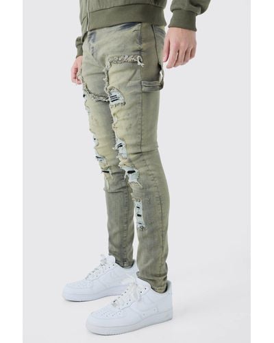 BoohooMAN Skinny Stretch Multi Rip Carpenter Jeans In Antique Gray - Green