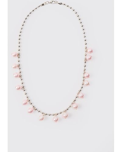 BoohooMAN Pearl Bead Necklace In Silver - White