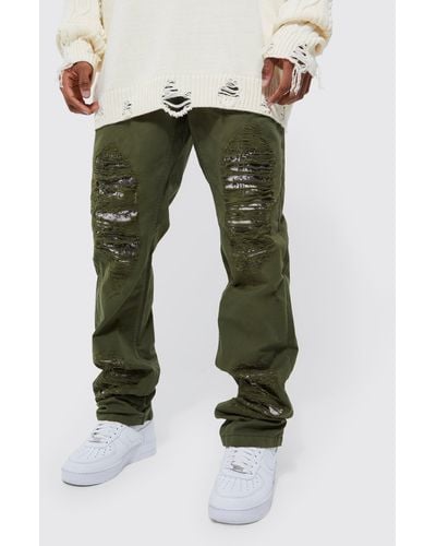 BoohooMAN Fixed Waist Straight Stacked Camo Rip Cargo Pants - Green