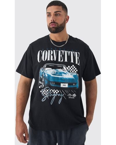 BoohooMAN Plus Corvette Printed Licensed T-shirt In Black - Blue