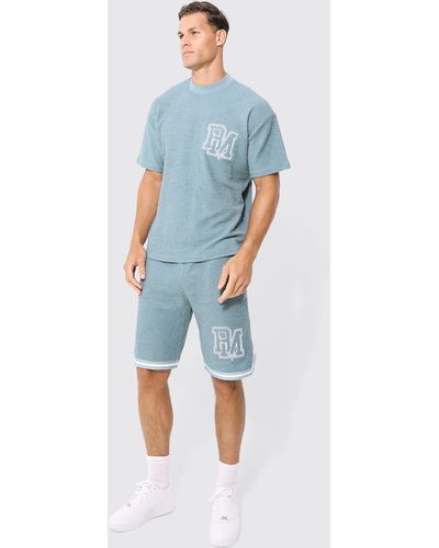 Boohoo Conjunto Tall Oversize De Pantalón Corto Y Camiseta Texturizada Con Estampado Bm - Azul