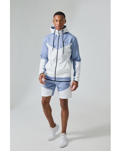 BoohooMAN Active Color Block Funnel Hooded Short Tracksuit - Blue