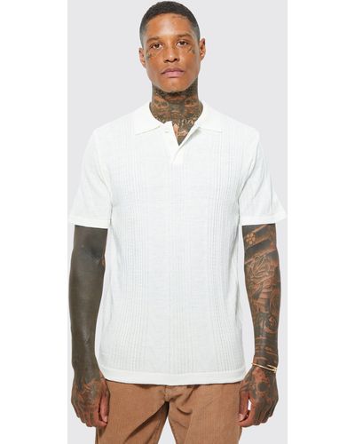 BoohooMAN Mini Lightweight Striped Texture Knitted Polo - White