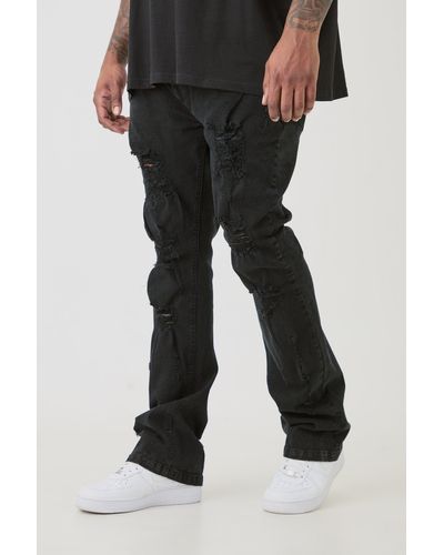 BoohooMAN Plus Distressed Stretch Skinny Flared Jeans - Black