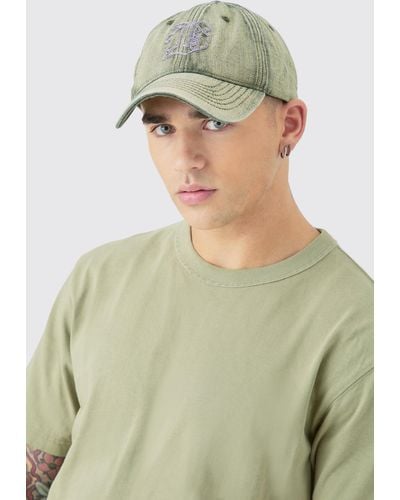 BoohooMAN B Embroidered Washed Denim Cap In Green