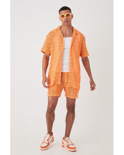 BoohooMAN Oversized Weave Look Shirt & Short - Orange