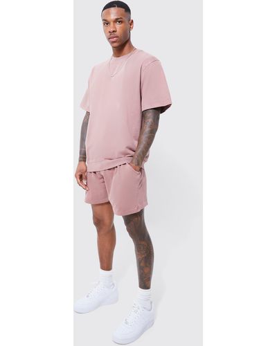BoohooMAN Relaxed Garment Dyed Short Sweat Tracksuit - Pink
