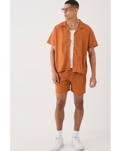 BoohooMAN Short Sleeve Boxy Linen Shirt & Short - Orange